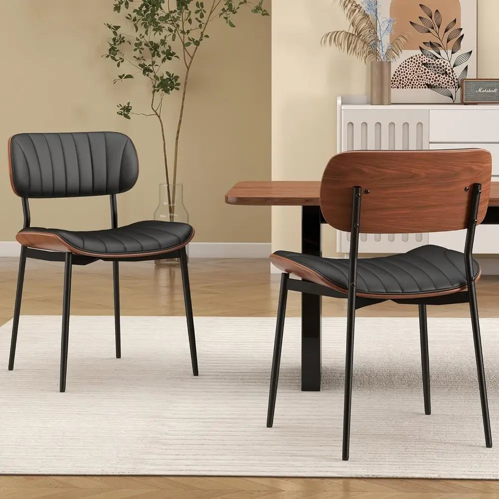 Mid-Century Dining Chairs with Bentwood Back and Metal Legs Set of 2