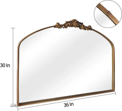 Arched Gold Wall Mirror with Ornate Baroque Frame