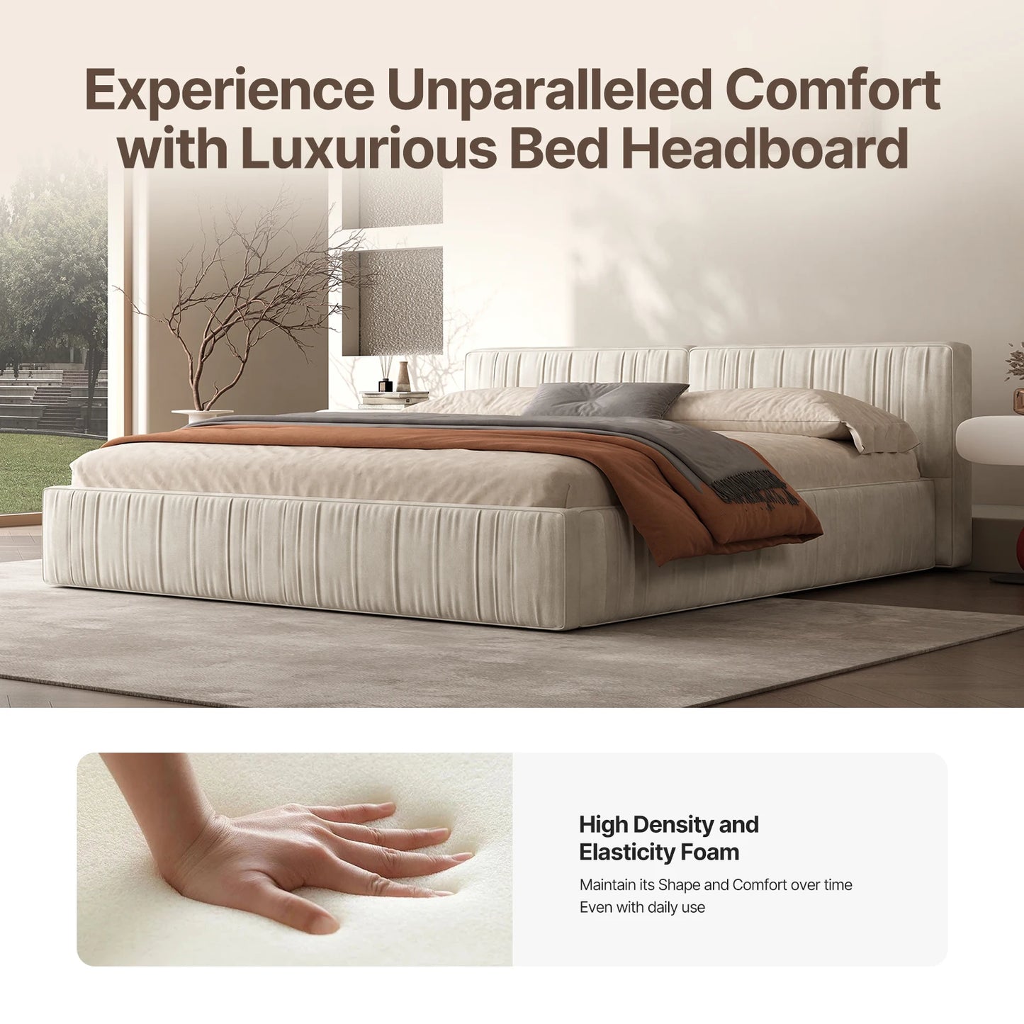 Modern Chenille Platform Bed with Pleated Detail