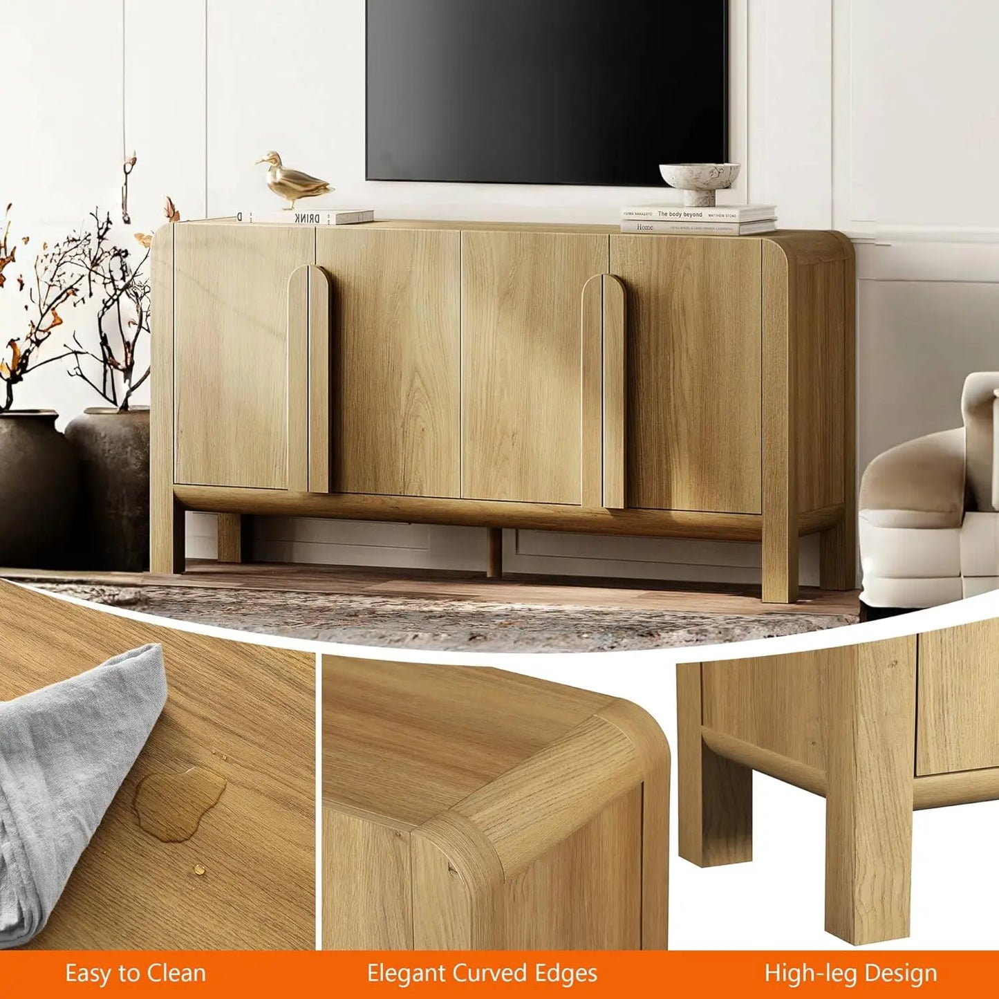 Large Buffet Cabinet with Arched Design and Adjustable Storage
