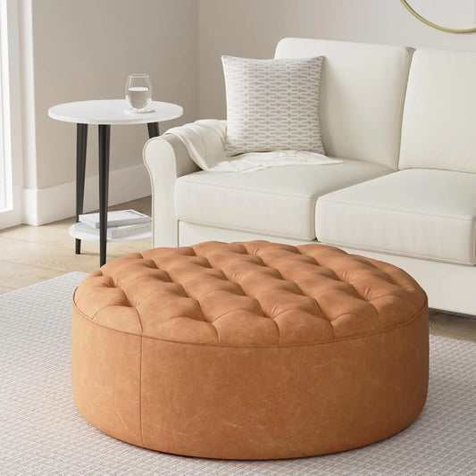 Italian Leather Round Ottoman in Cognac