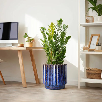 12” Peacock Blue Fluted Ceramic Planter