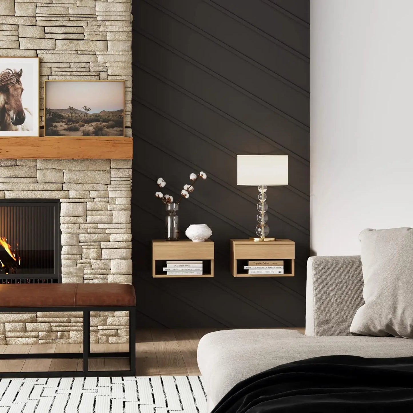 Floating Wood Nightstand with Drawer Storage - Set of 2