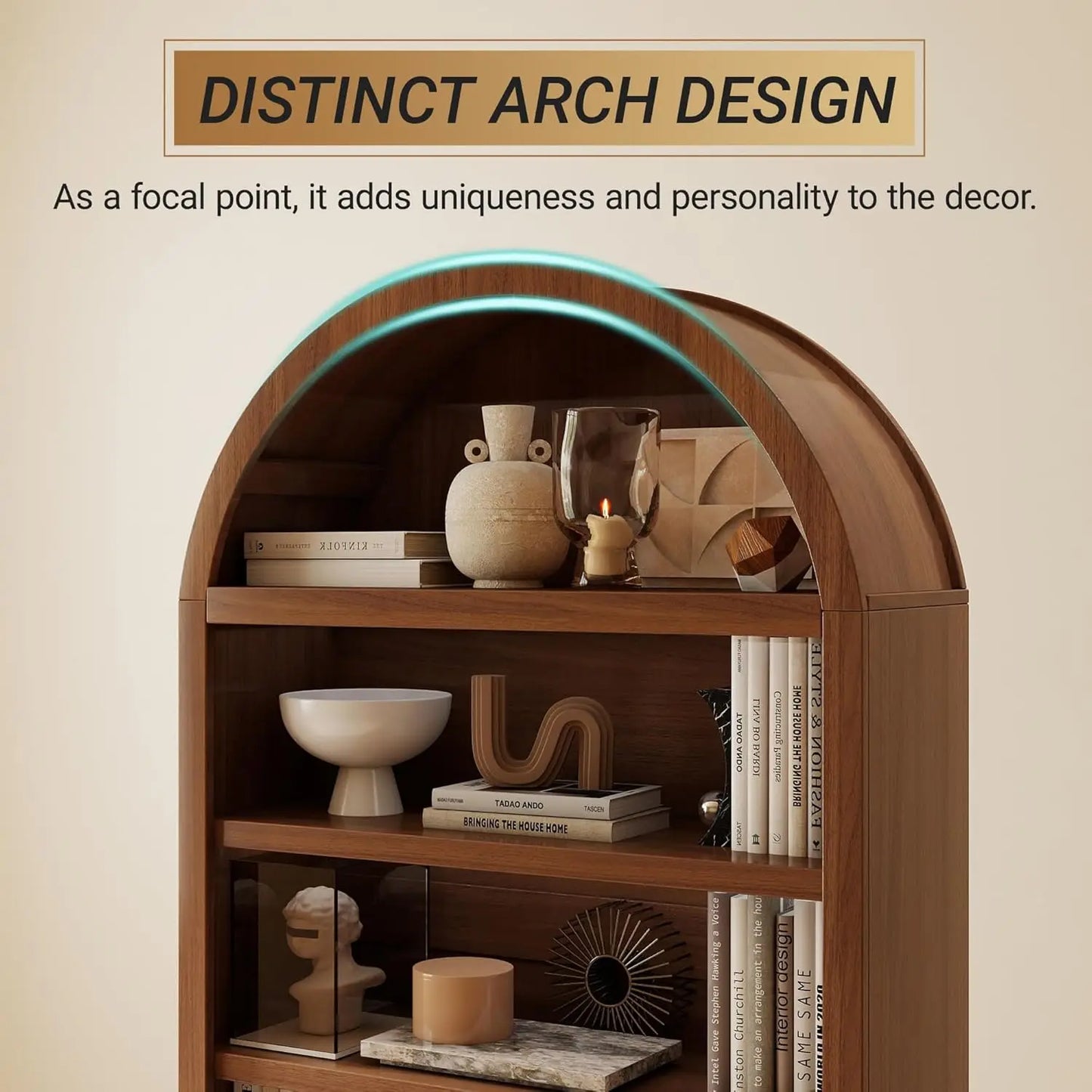 Arched Mid-Century Storage Bookcase With Cabinet