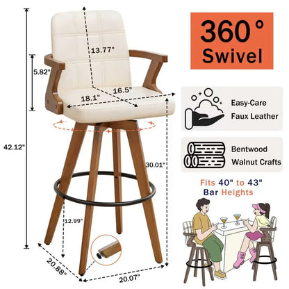 Retro Walnut Swivel Bar Stools With Bentwood Design