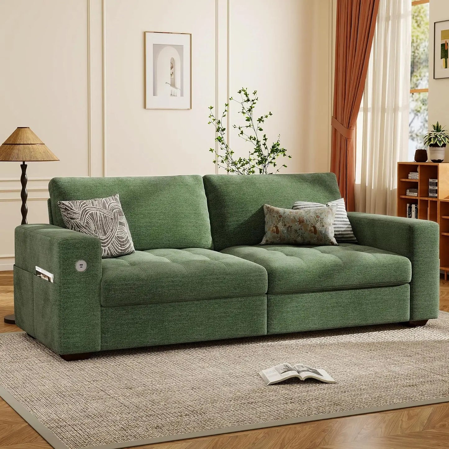 Chenille Sofa with USB Ports and Deep Cushion Comfort