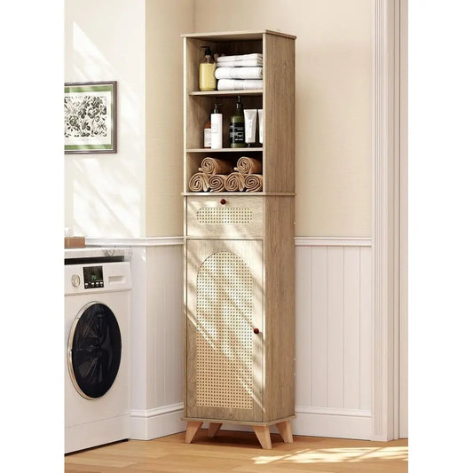 Tall Rattan Storage Cabinet with Arched Doors