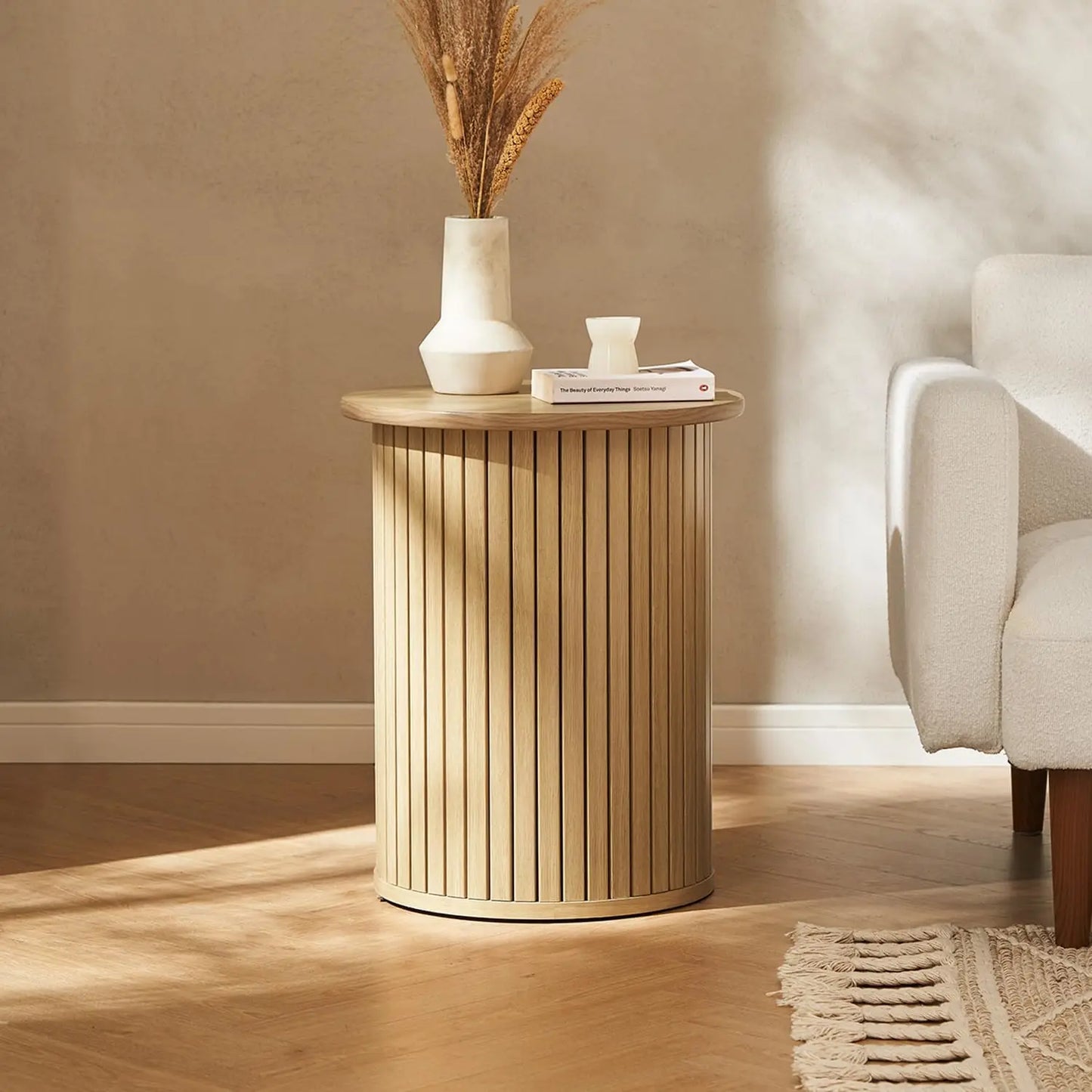 Quin Light Oak Tambour Pedestal Side Table