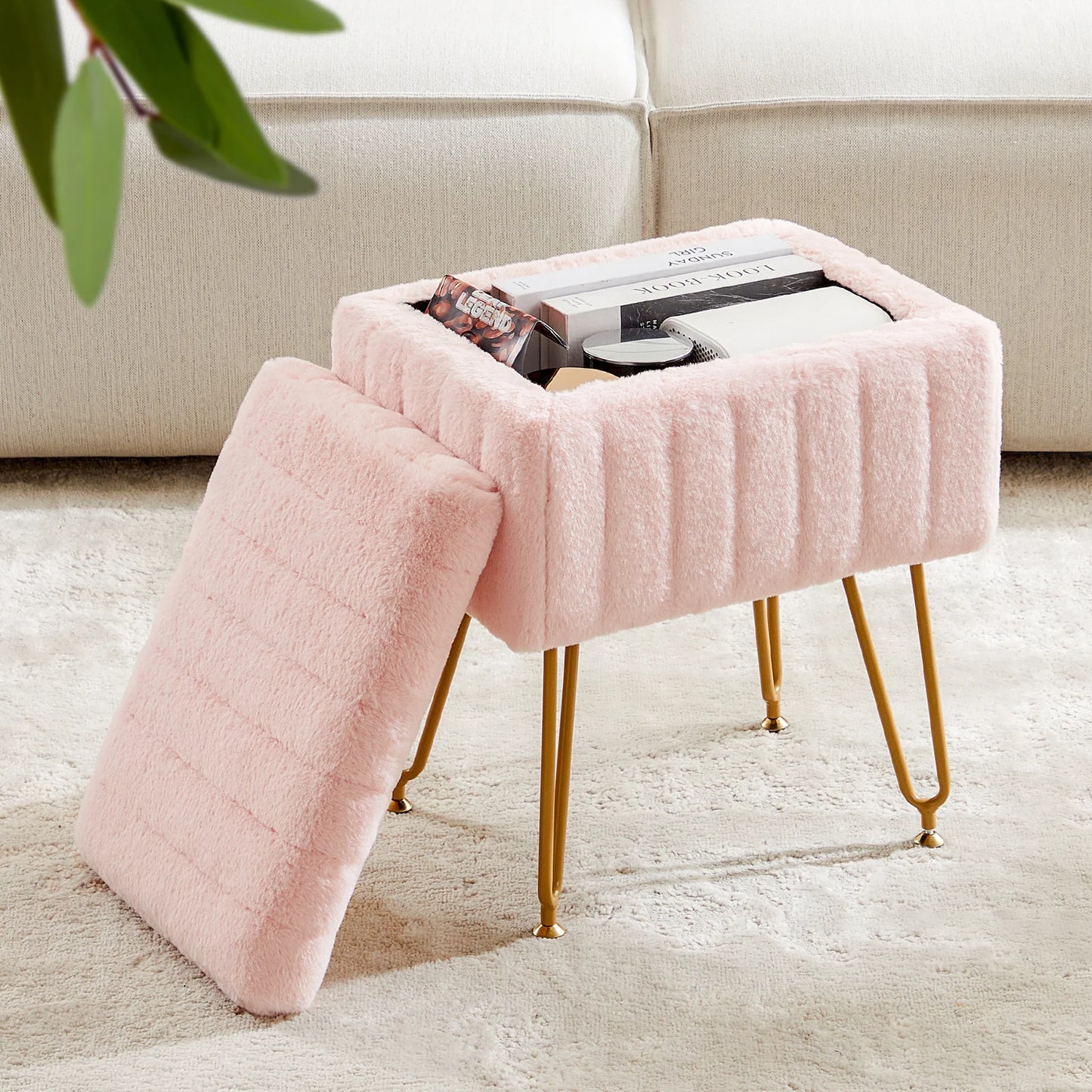 Faux Fur Vanity Stool with Hidden Storage