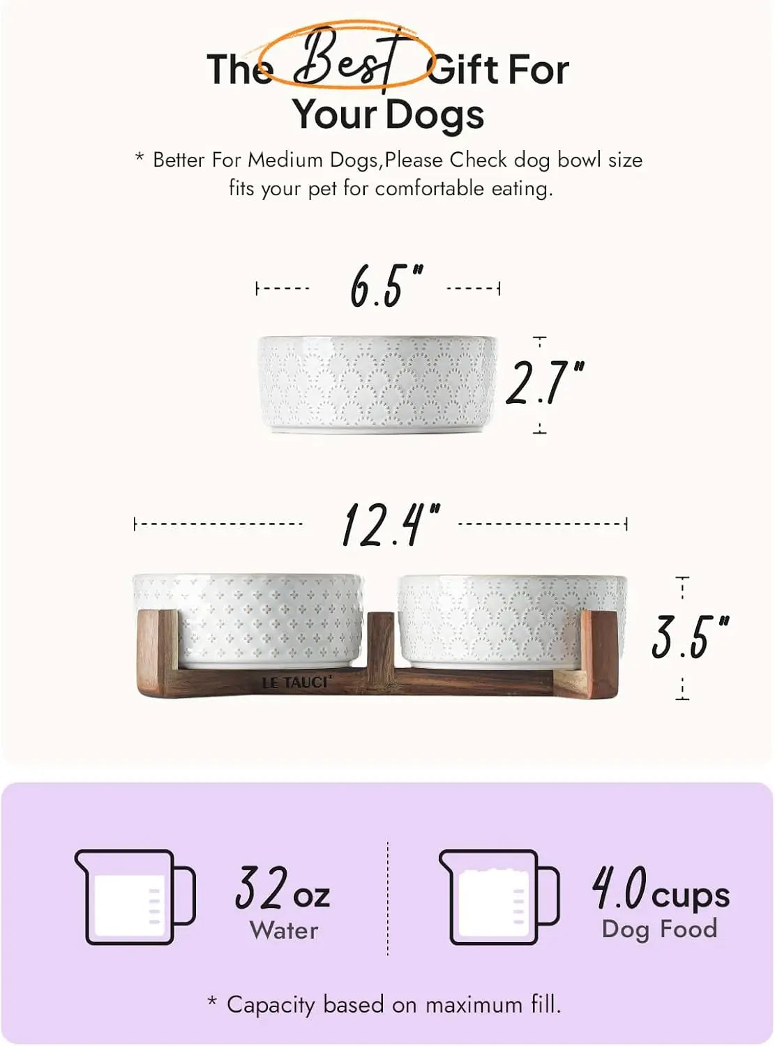 Elevated Ceramic Pet Bowl Set with Acacia Wood Stand