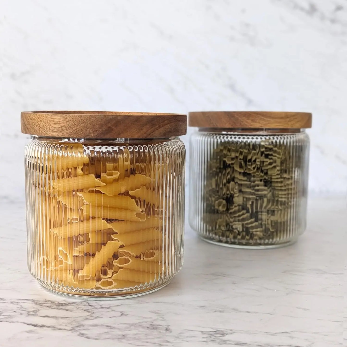 Ribbed Glass Canisters with Acacia Lids