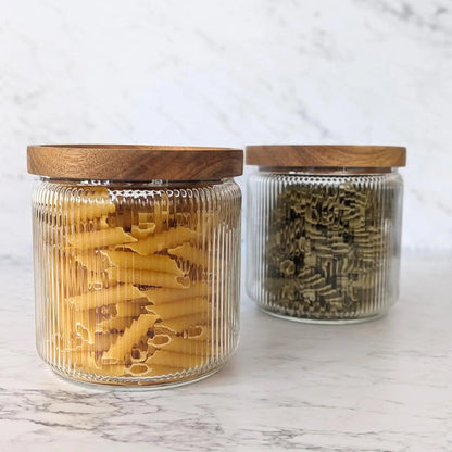 Ribbed Glass Canisters with Acacia Lids