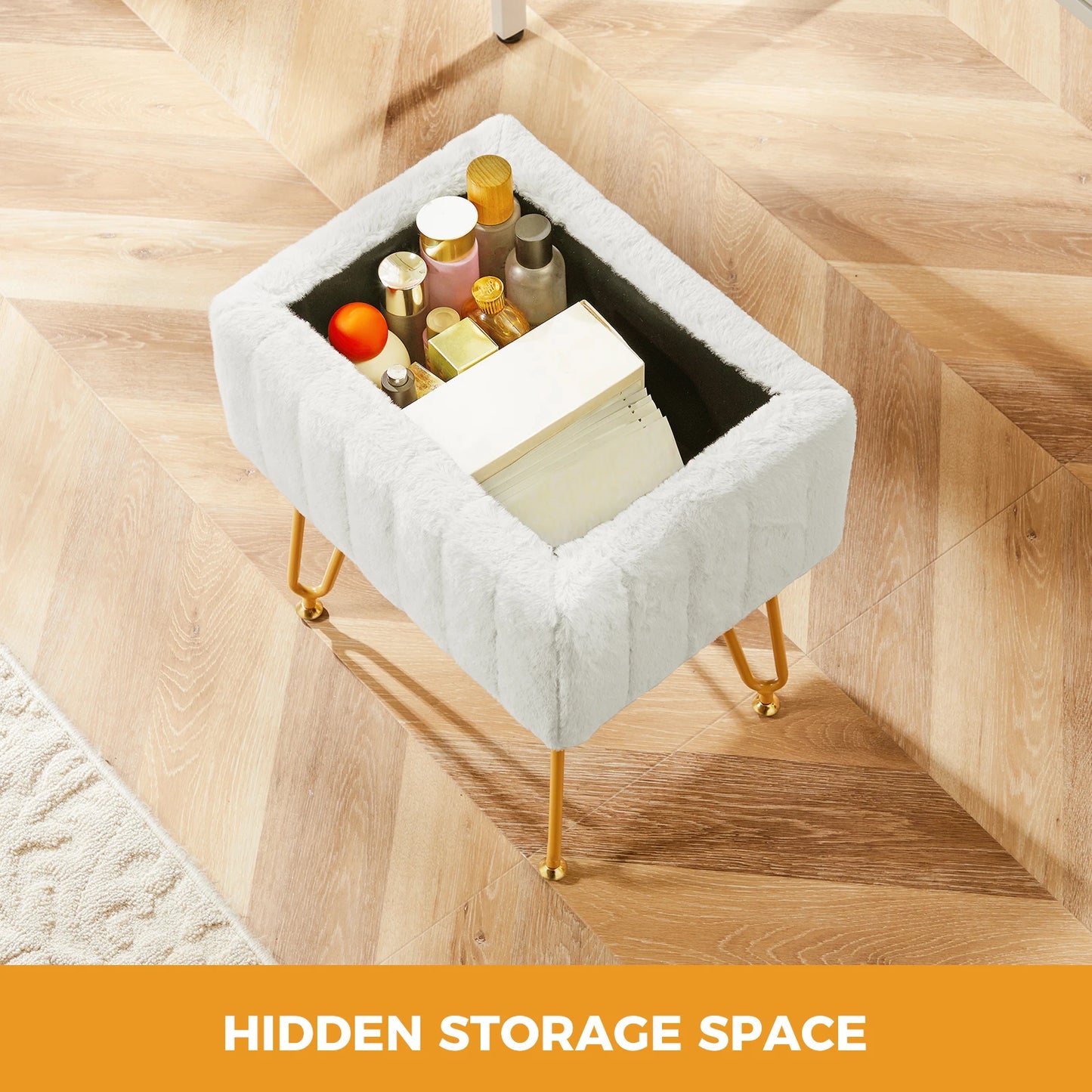 Faux Fur Vanity Stool with Hidden Storage