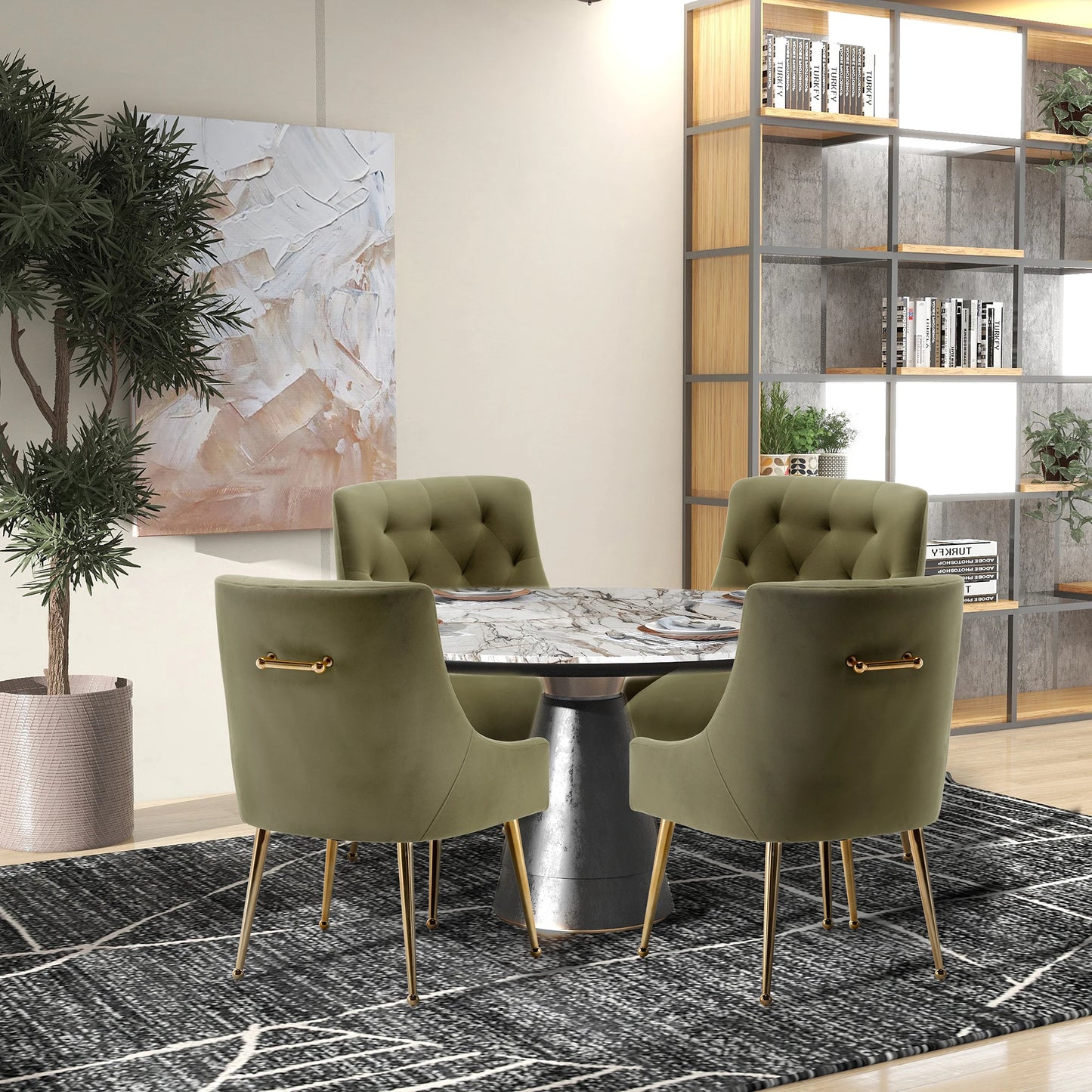 Velvet Dining Chairs with Gold Pull Accent Design