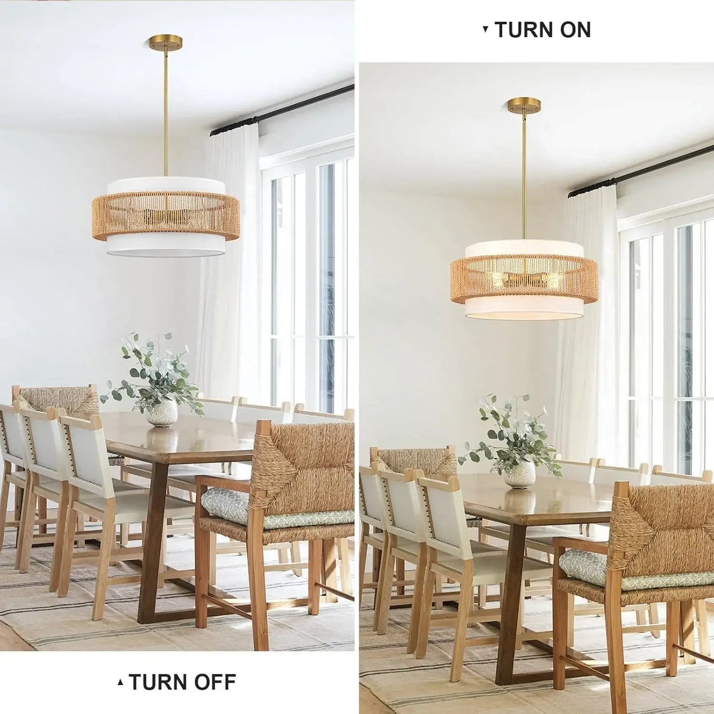 Boho Rattan Chandelier with Adjustable Height and Fabric Shade