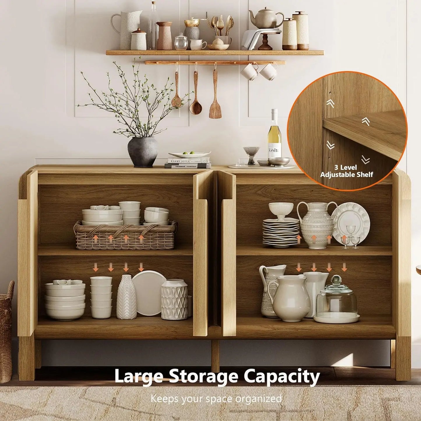 Large Buffet Cabinet with Arched Design and Adjustable Storage