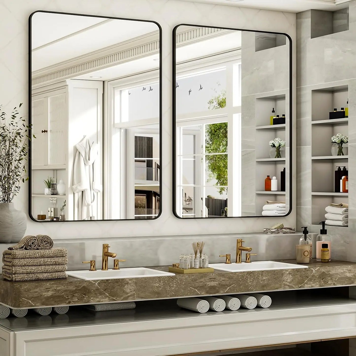 Black Framed Bathroom Mirror with Rounded Rectangle Design