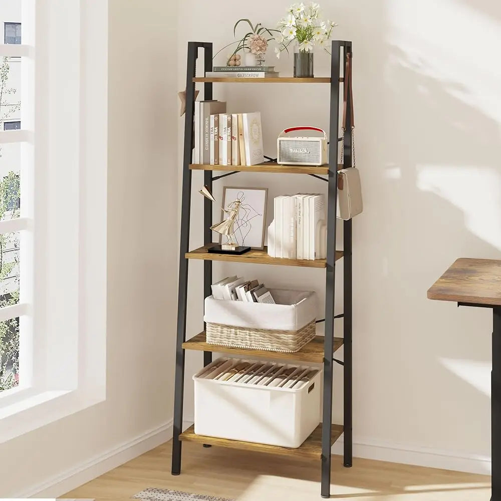 Industrial Ladder Shelf with Hooks and Storage