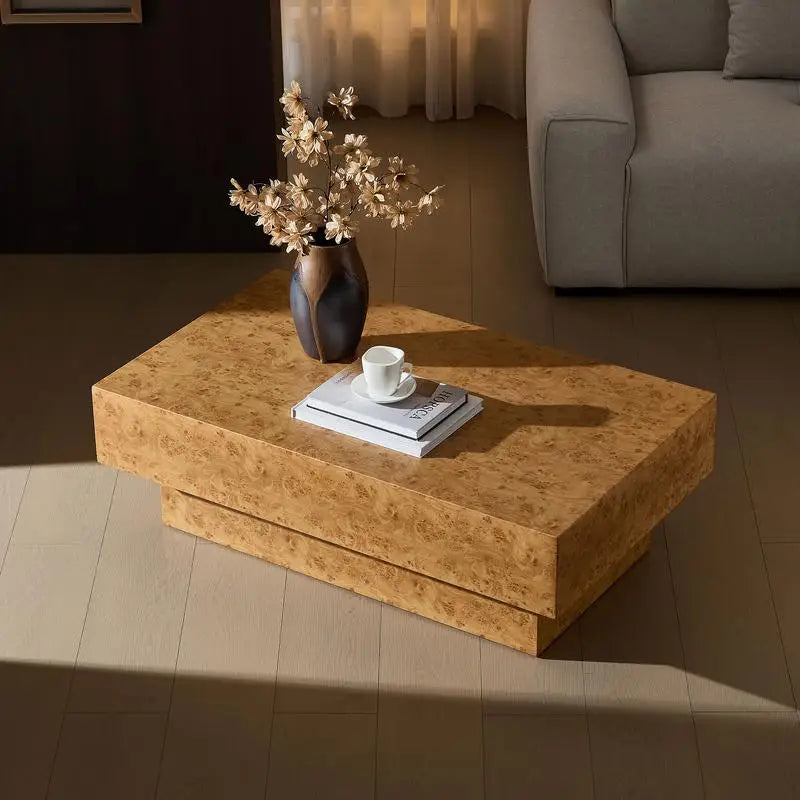 Faux Burl Wood Coffee Table with Pedestal Base Design