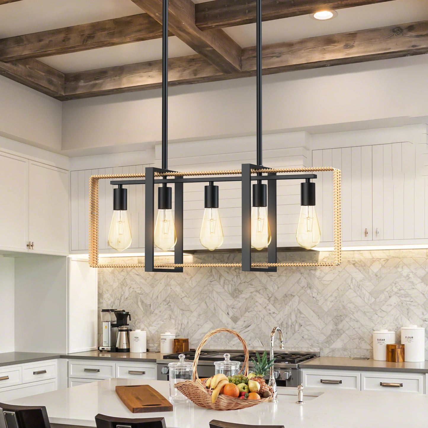 Architectural Rattan Chandelier With Sculptural Black Frame