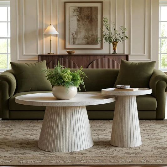 Modern Oak Travertine Nesting Coffee Tables