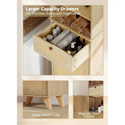 Tall Rattan Storage Cabinet with Arched Doors