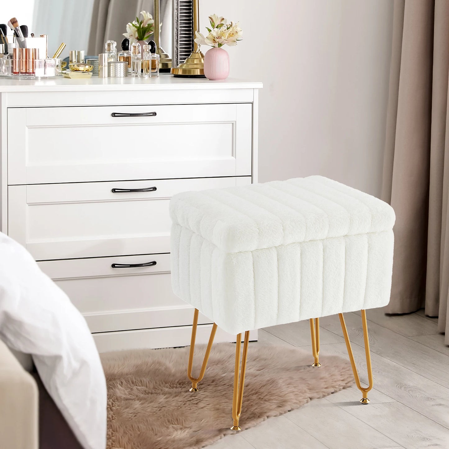 Faux Fur Vanity Stool with Hidden Storage