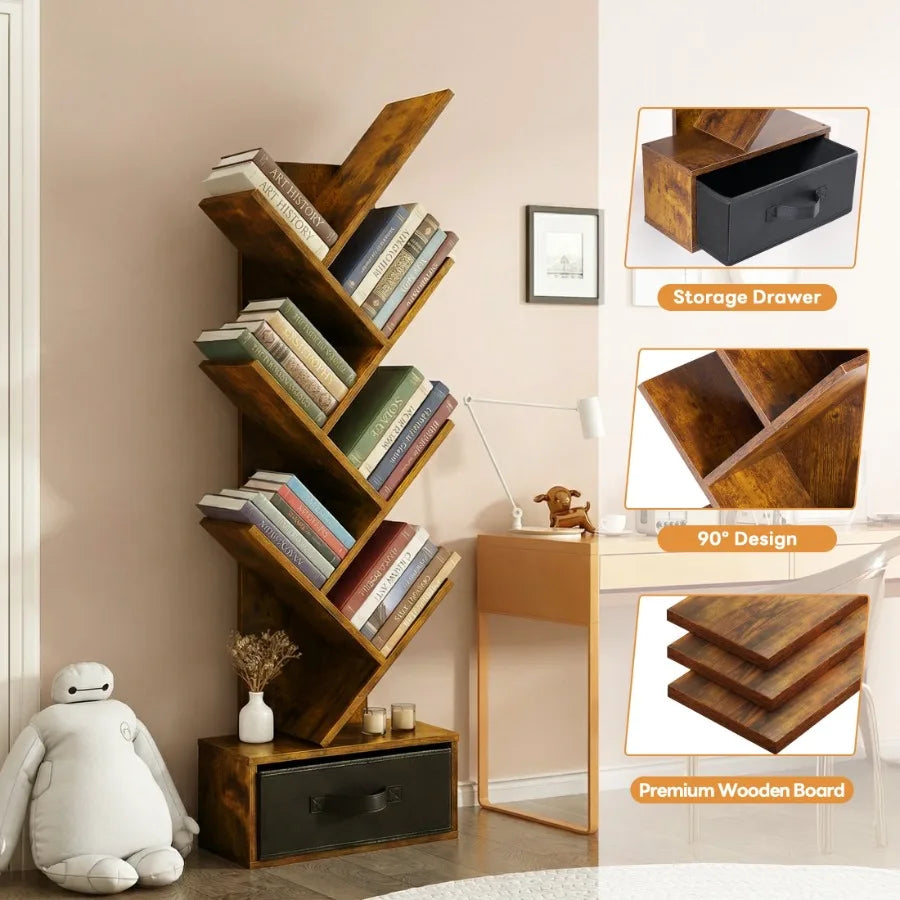7-Tier Tree Bookshelf with Storage Drawer