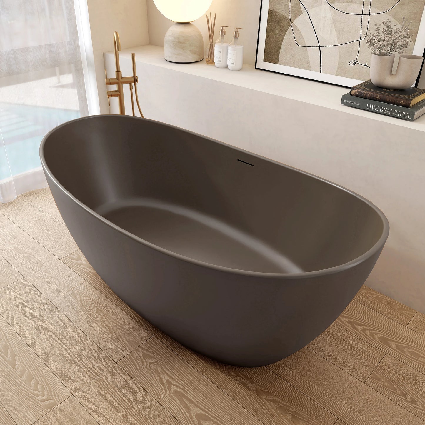 65” Gray Coffee Solid Surface Freestanding Soaking Tub
