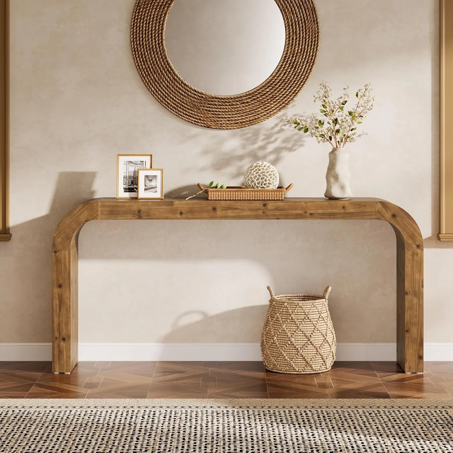 Curved Console Table with Solid Wood Sculptural Design