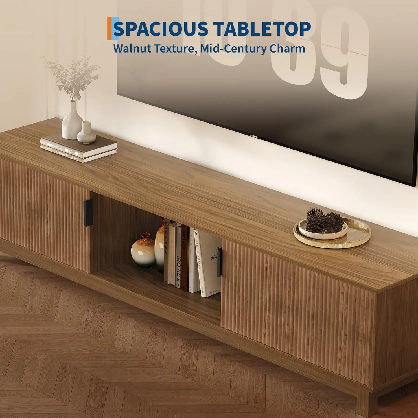 70” Mid-Century Fluted Walnut TV Stand