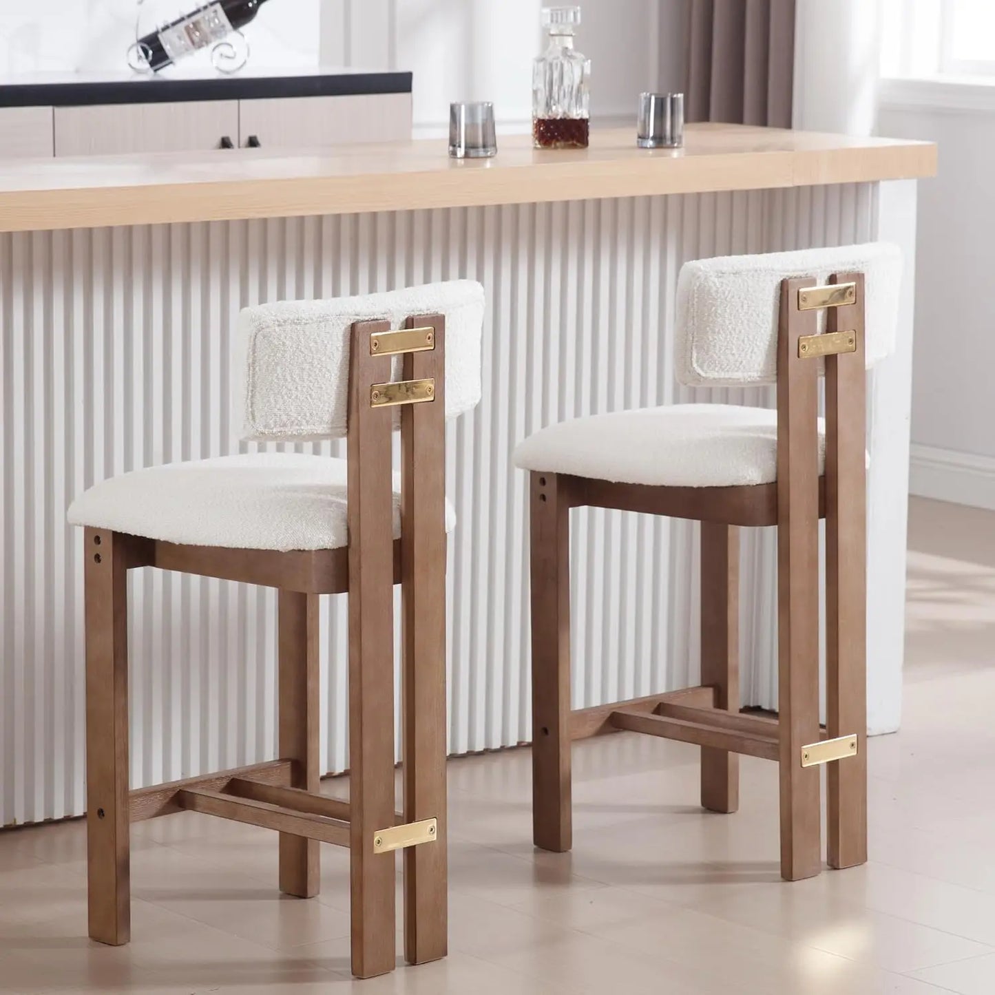 Sherpa Bar Stools Set of 4 with Curved Back and Wood Frame