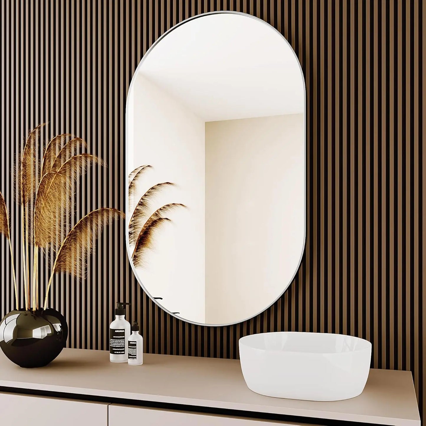 Oval Silver Wall Mirror with Modern Frame
