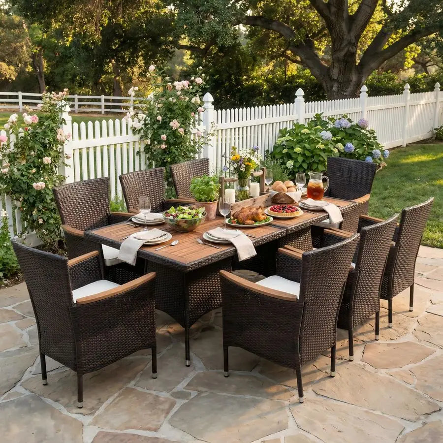 Outdoor Seating Set with Acacia Wood and Woven Rattan