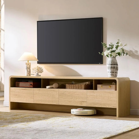 Curved Oak Media Console With Modern Storage Design