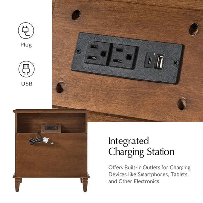 Mid Century Nightstand with Charging Station and Storage Drawers