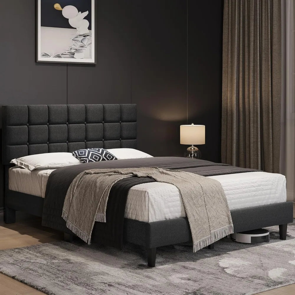 Modern Tufted Queen Platform Bed With Adjustable Headboard
