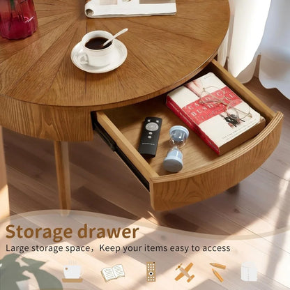 Round Wood Coffee Table with Hidden Drawer