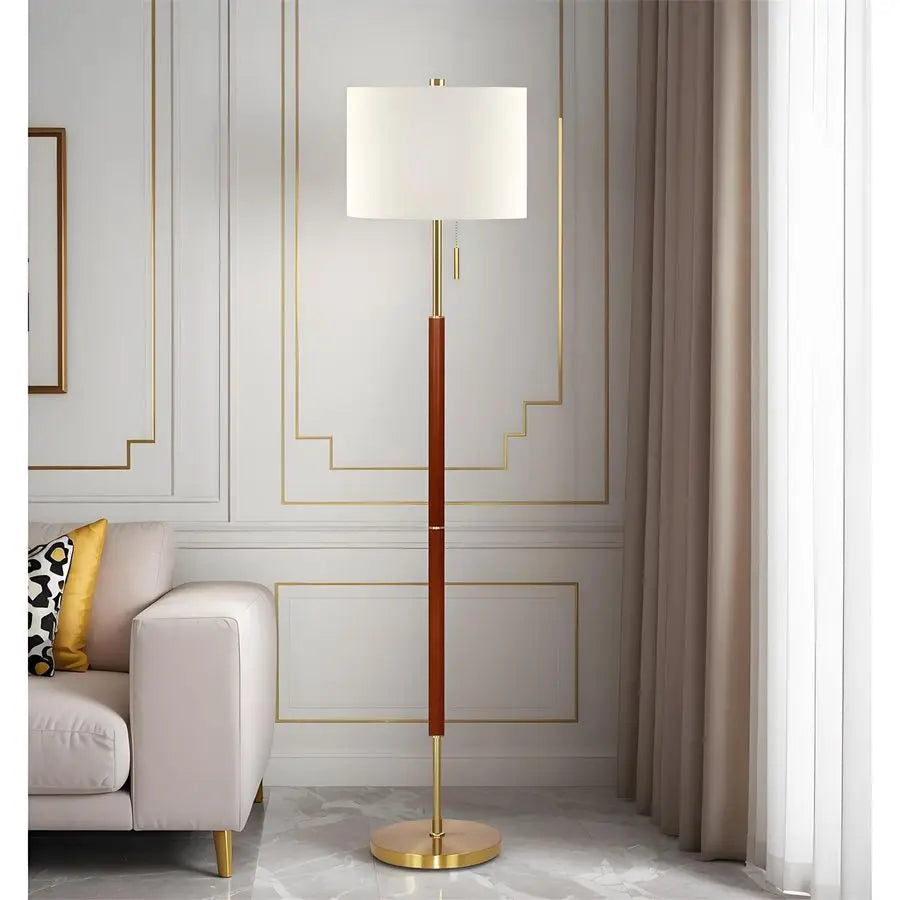 Mid-Century Floor Lamp with Linen Shade and Pull Chain