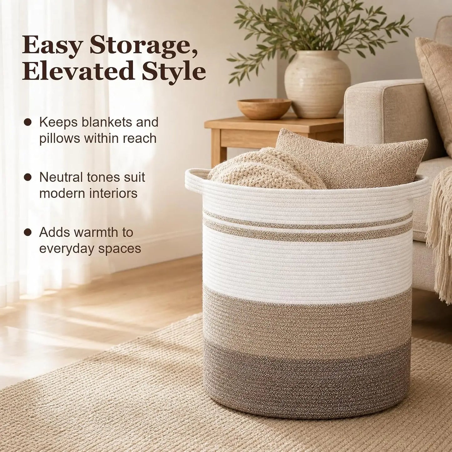 Large Woven Cotton Storage Basket with Handles