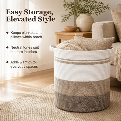 Large Woven Cotton Storage Basket with Handles