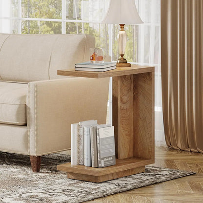 C-Shaped Side Table with 2-Tier Storage and Industrial Design