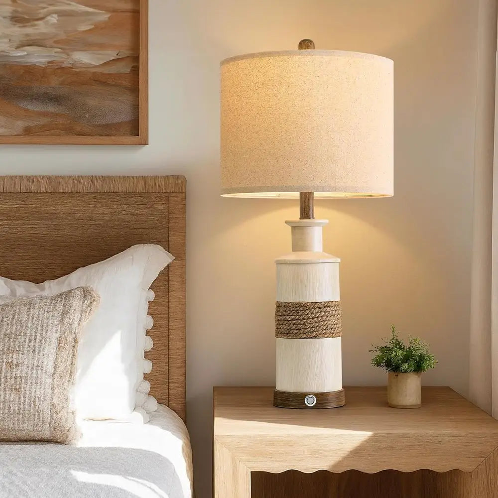 Distressed Rattan Table Lamp with USB Charging