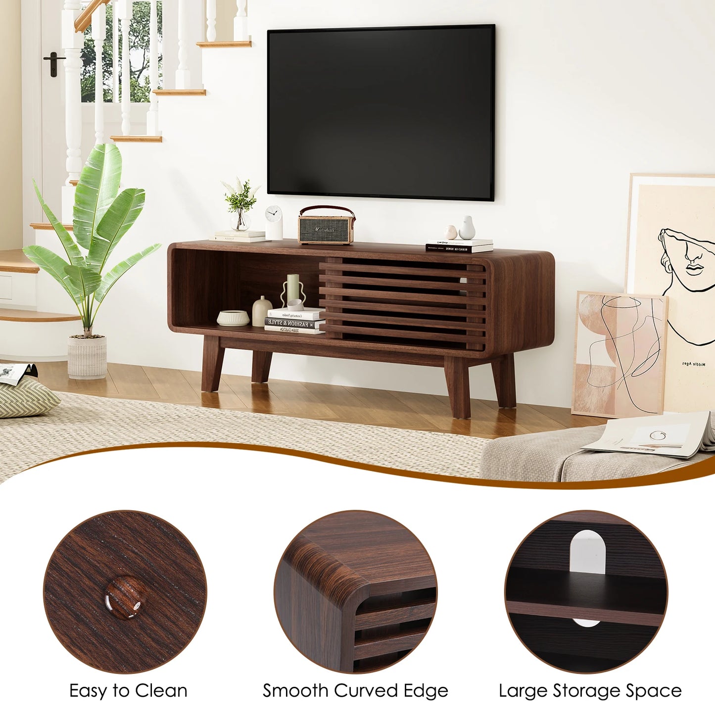 Mid-Century TV Stand with Sliding Doors