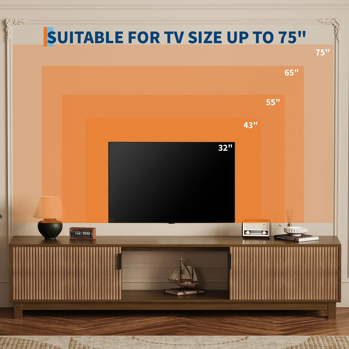 70” Mid-Century Fluted Walnut TV Stand