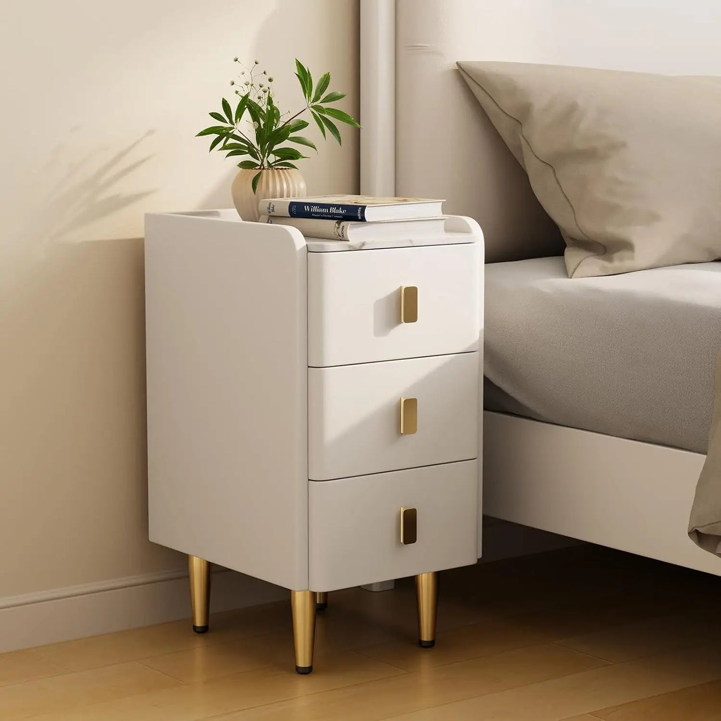 Narrow Nightstand with Leather Finish and Slate Top