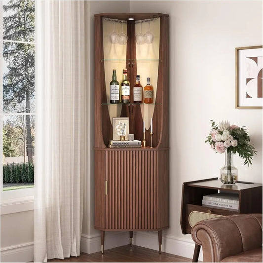 Walnut Fluted Corner Bar Display Cabinet