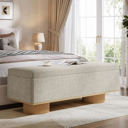 Modern Beige Storage Bench with Fluted Wood Legs