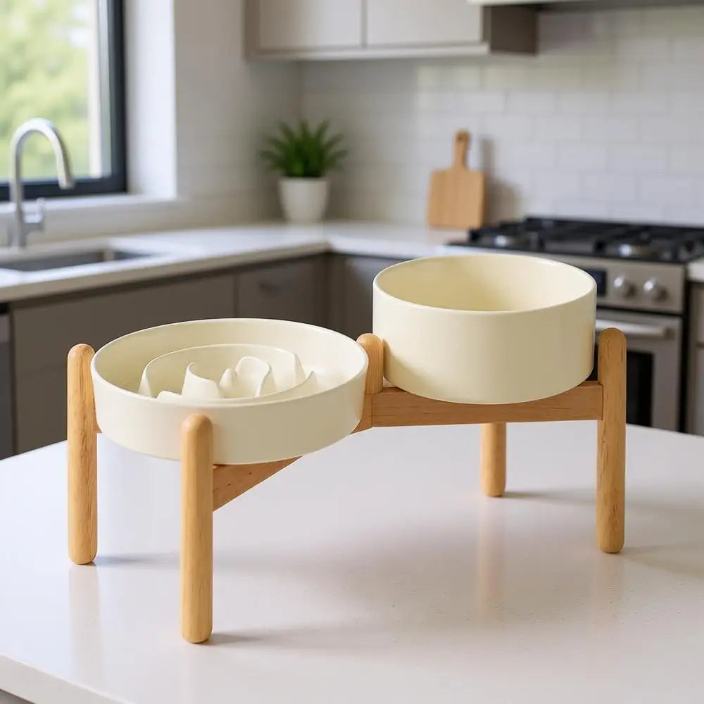 Elevated Slow Feeder Bowl Set with Wooden Stand