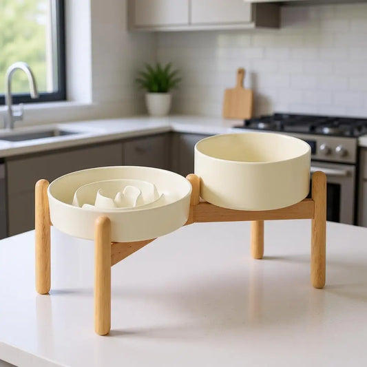 Elevated Slow Feeder Bowl Set with Wooden Stand